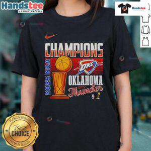 Alt Text: Oklahoma City Thunder 2025 NBA Finals Champions trophy on a ladies tee, celebrating the team's victory in style.