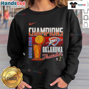 2025 NBA Finals Champions Oklahoma City Thunder trophy sweatshirt featuring team colors and logo, perfect for fans.