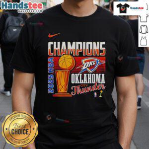Alt Text: Official 2025 NBA Finals Champions Oklahoma City Thunder trophy t-shirt featuring team colors and logo.