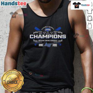Official 2025 OHSAA Baseball D2 State Champions Anthony Wayne Generals tank top featuring team logo and colors.