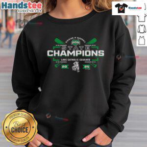 Lake Catholic Cougars Official 2025 OHSAA Baseball D4 State Champions Sweatshirt in navy blue with logo.