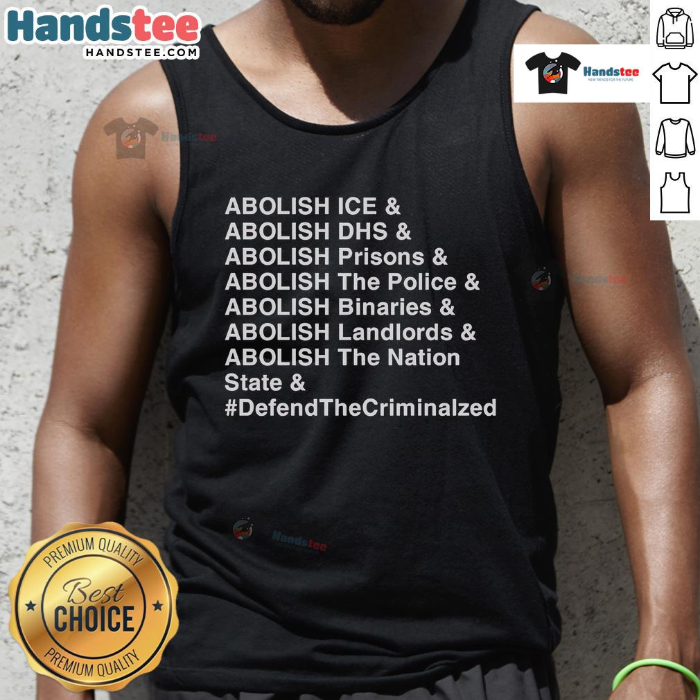 Official Abolish ICE, DHS, and Prisons tank top featuring bold text design for activism and social justice apparel.