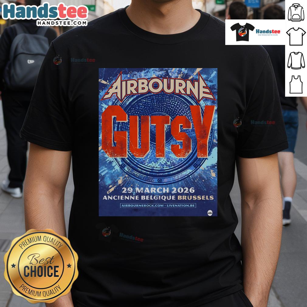 Official Airbourne Gutsy Garage Saarbrcken Live 29 March 2026 T-Shirt featuring vibrant graphics and bold band logo.