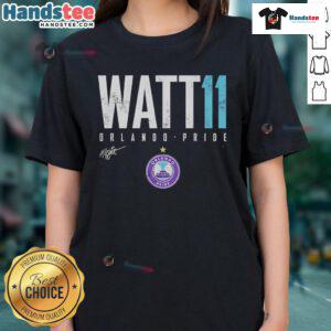 Official Ally Watt Orlando Pride Elite 11 Ladies Tee featuring vibrant team colors and stylish design for fans.