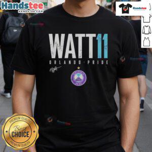 Official Ally Watt Orlando Pride Elite 11 T-Shirt featuring vibrant team colors and player graphics, perfect for fans.