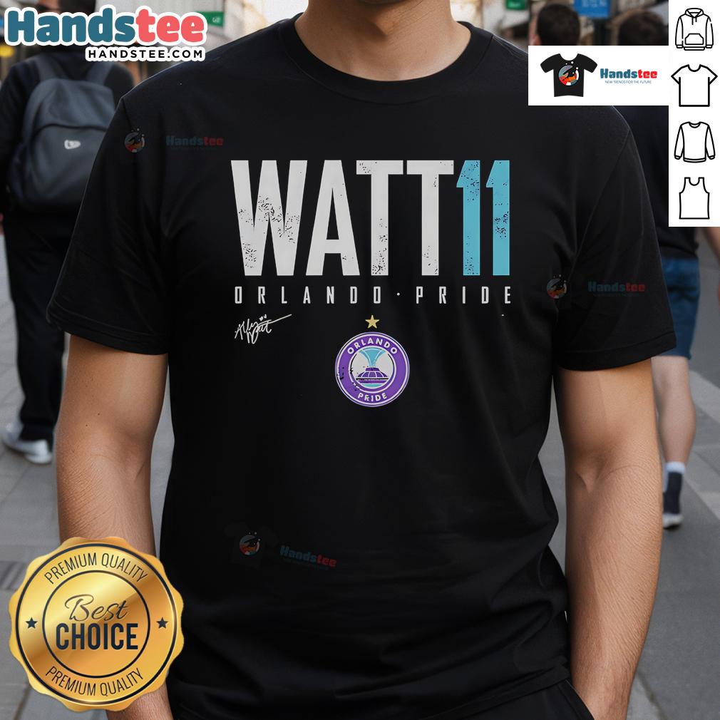 Official Ally Watt Orlando Pride Elite 11 T-Shirt featuring vibrant team colors and player graphics, perfect for fans.
