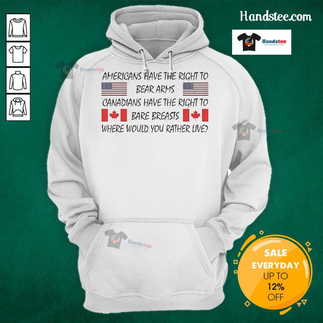 Official hoodie design highlighting Americans' right to bear arms and Canadians' right to bare breasts.
