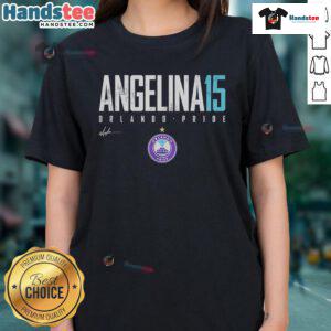 Alt Text: Official Angelina Orlando Pride Elite 15 Ladies Tee featuring vibrant colors and stylish design for pride celebrations.