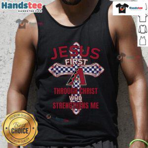 Official Arizona Diamondbacks Jesus Tank Top featuring 'Through Christ Who Strengthens Me' design for fans.