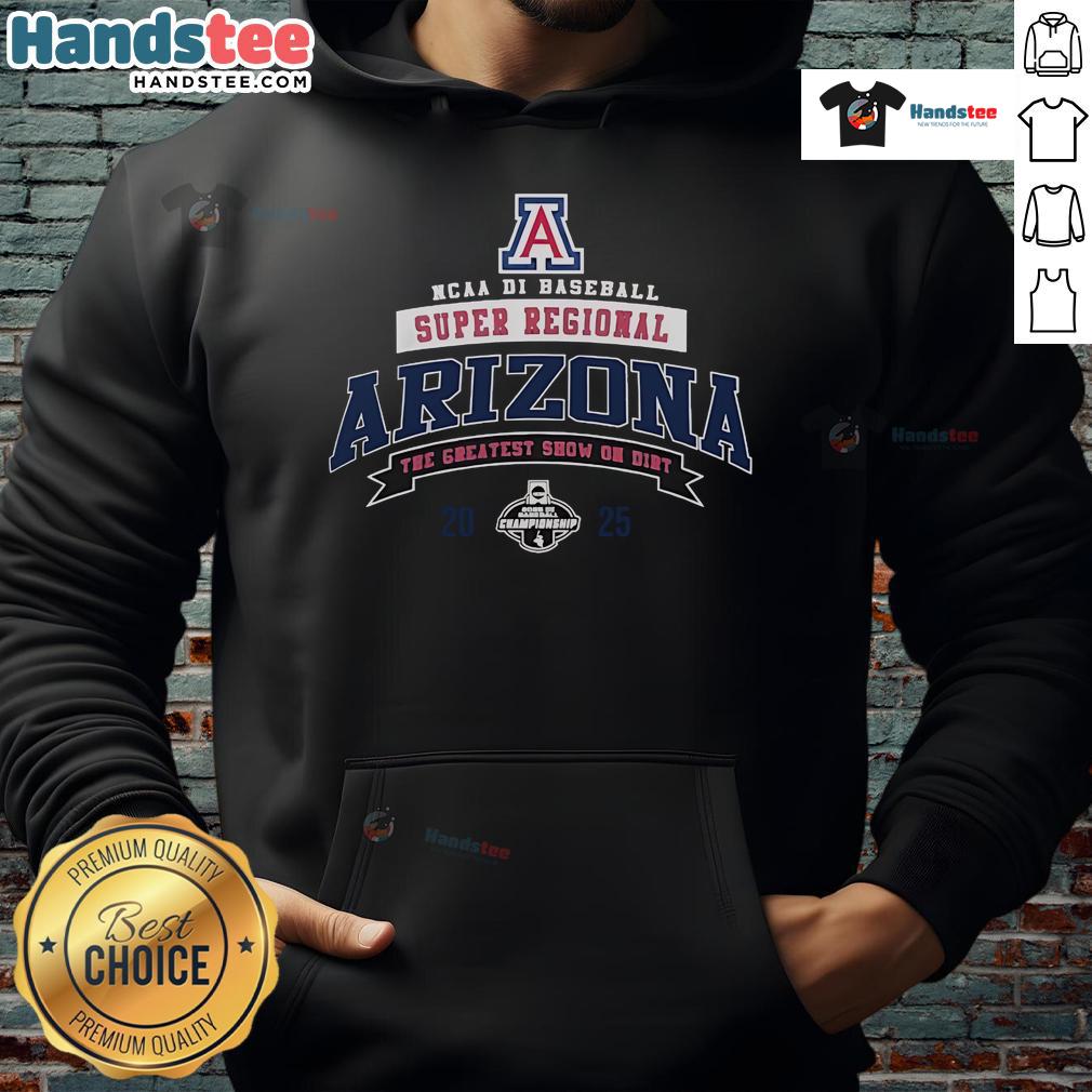 Alt Text: Official Arizona Wildcats 2025 NCAA Division I Baseball Super Regional Champions Hoodie in navy blue with logo.