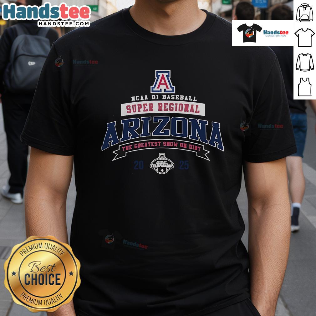 Official Arizona Wildcats 2025 NCAA Division I Baseball Super Regional Champions T-Shirt featuring team logo and colors.