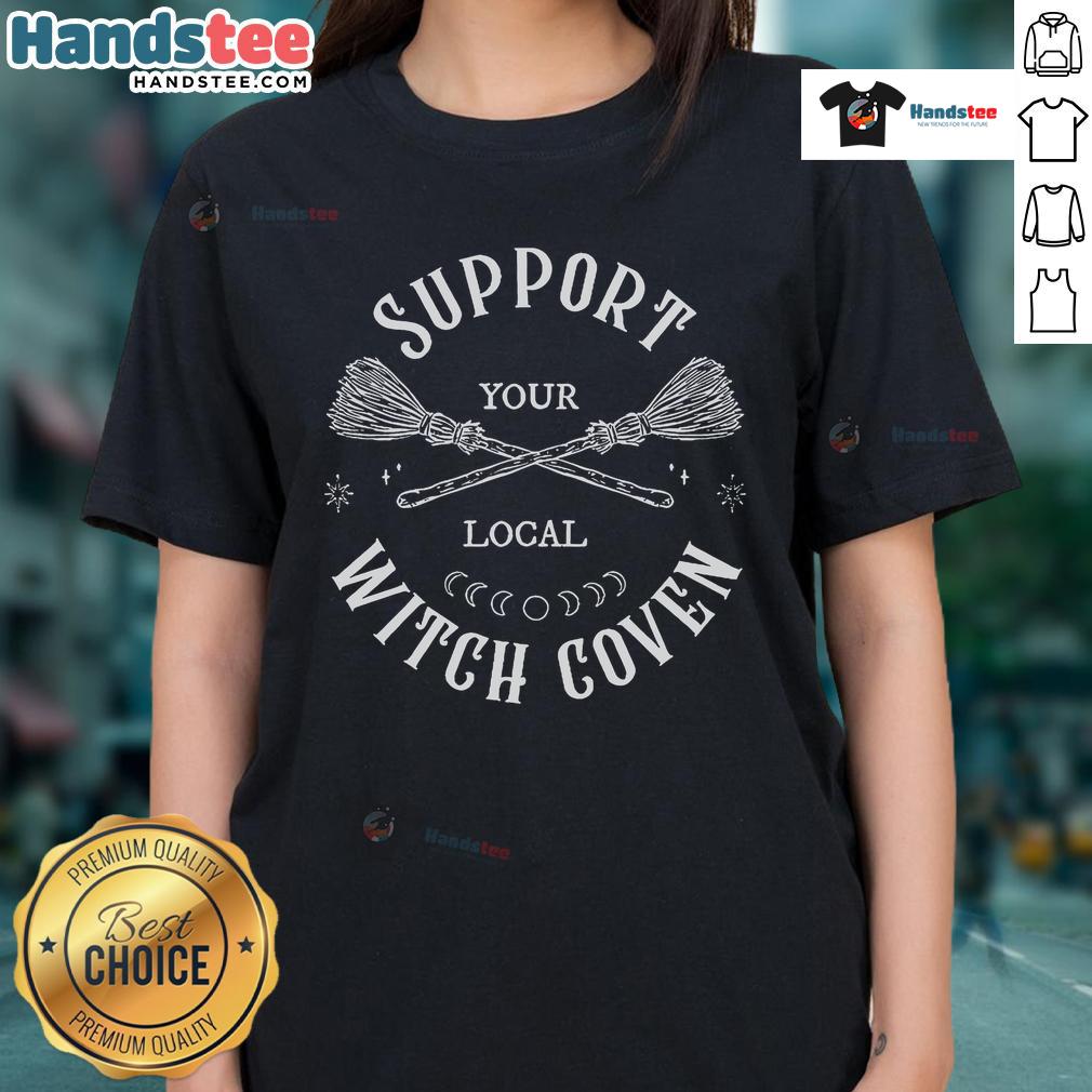 Official Attitude Clothing Support Your Local Witch Coven Ladies Tee in black, featuring a stylish witch-themed design.