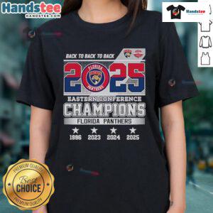 Florida Panthers 2025 Eastern Conference Champions skyline ladies tee featuring vibrant team colors and logo design.