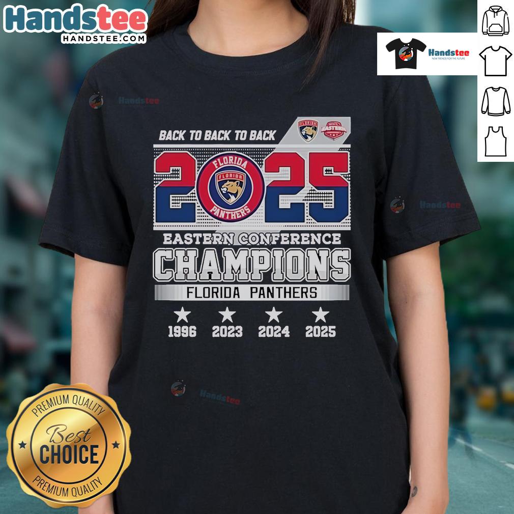 Florida Panthers 2025 Eastern Conference Champions skyline ladies tee featuring vibrant team colors and logo design.