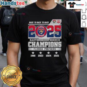 Florida Panthers Skyline T-Shirt celebrating 2025 Eastern Conference Champions, featuring vibrant back-to-back-to-back design.