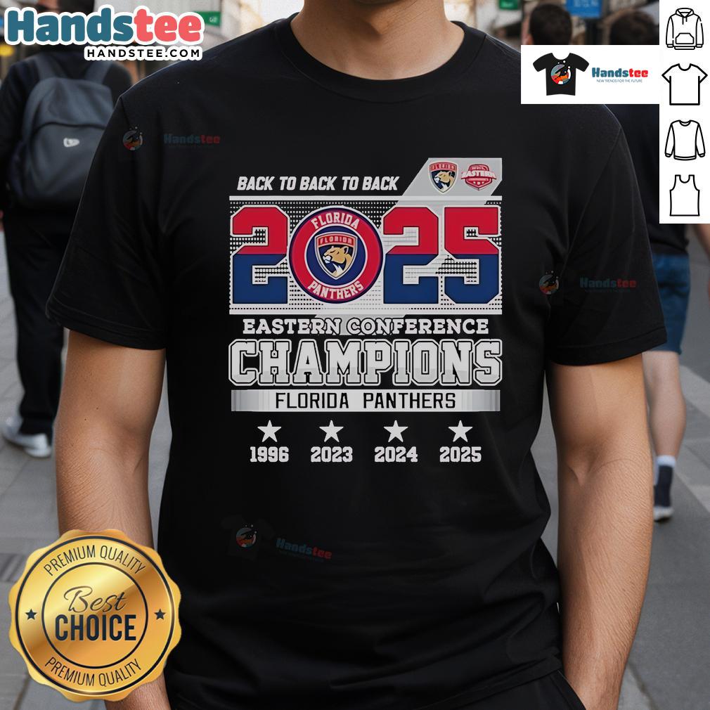 Florida Panthers Skyline T-Shirt celebrating 2025 Eastern Conference Champions, featuring vibrant back-to-back-to-back design.