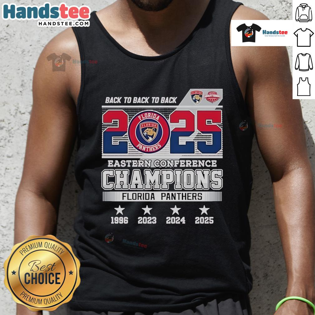 Alt Text: Florida Panthers Back-to-Back-to-Back 2025 Eastern Conference Champions skyline tank top for fans.