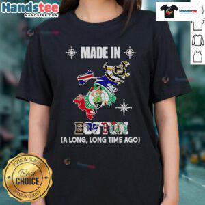 Official Boston sports logos for Bruins, Patriots, Celtics, and Red Sox on a stylish ladies tee, celebrating local pride.