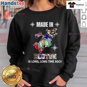 Made in Boston sweatshirt featuring Bruins, Patriots, Celtics, and Red Sox logos on a map design.