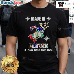 Boston sports team logos: Bruins, Patriots, Celtics, Red Sox on a vintage map t-shirt, celebrating Boston pride.