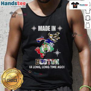 Made in Boston tank top featuring logos of Bruins, Patriots, Celtics, and Red Sox in a vintage map design.