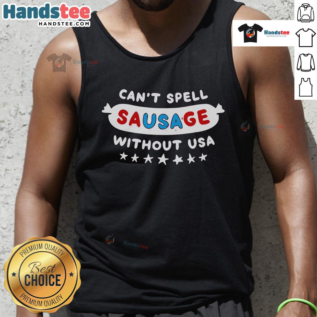 Official tank top featuring 'Can't Spell Sausage Without USA' design for 4th of July celebrations.