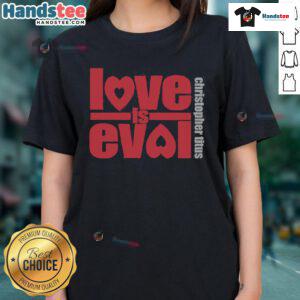 Alt Text: Official Christopher Titus Love Is Evol logo on a stylish ladies tee, perfect for fans of comedy and unique fashion.