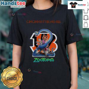 Alt Text: Official Cincinnati Bengals Zootopia 2 Ladies Tee featuring vibrant graphics and a stylish fit for female fans.