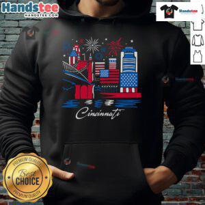 Official Cincinnati Downtown Stars and Stripes Hoodie featuring a patriotic design and city logo.