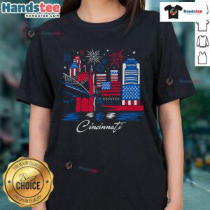Official Cincinnati Downtown Stars and Stripes Ladies Tee featuring a patriotic design in vibrant colors.