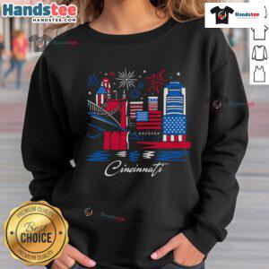Alt Text: Official Cincinnati Downtown Stars and Stripes Sweatshirt featuring patriotic design, ideal for casual wear.