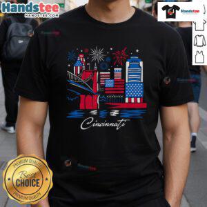 Alt Text: Official Cincinnati Downtown Stars And Stripes T-Shirt featuring a patriotic design perfect for local pride and celebrations.