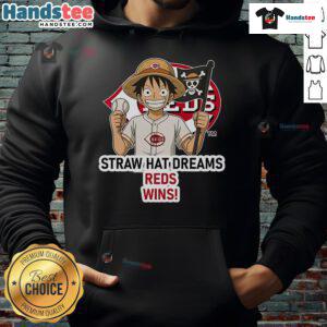 Official Cincinnati Reds Monkey D. Luffy Straw Hat Dreams Wins Hoodie featuring vibrant graphics and team colors.