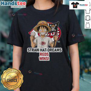 Official Cincinnati Reds Monkey D. Luffy Straw Hat Dreams Wins ladies tee featuring vibrant design and team logo.