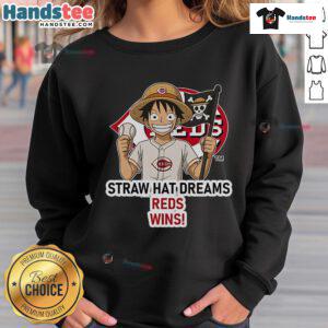 Official Cincinnati Reds Monkey D. Luffy Straw Hat Dreams Wins Sweatshirt featuring vibrant graphics and team colors.