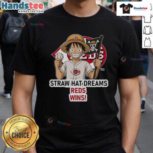 Official Cincinnati Reds Monkey D. Luffy Straw Hat Dreams T-Shirt featuring vibrant graphics and team logo.