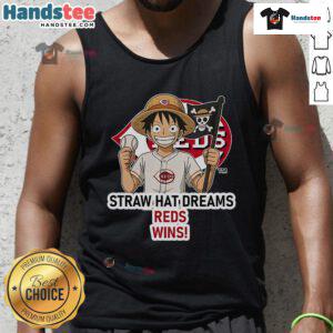Official Cincinnati Reds Monkey D. Luffy Straw Hat Dreams Wins tank top featuring vibrant graphics and bold team colors.
