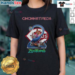 Alt Text: Official Cincinnati Reds Zootopia 2 ladies tee featuring vibrant graphics and a comfortable fit, perfect for fans.