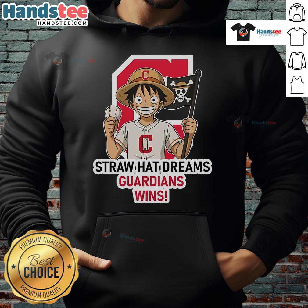 Official Cleveland Guardians Monkey D. Luffy Straw Hat Dreams Wins Hoodie featuring vibrant graphics and team logo.