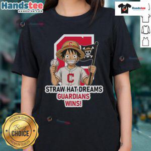 Official Cleveland Guardians Monkey D. Luffy Straw Hat Dreams Wins ladies tee showcasing vibrant design and fan spirit.