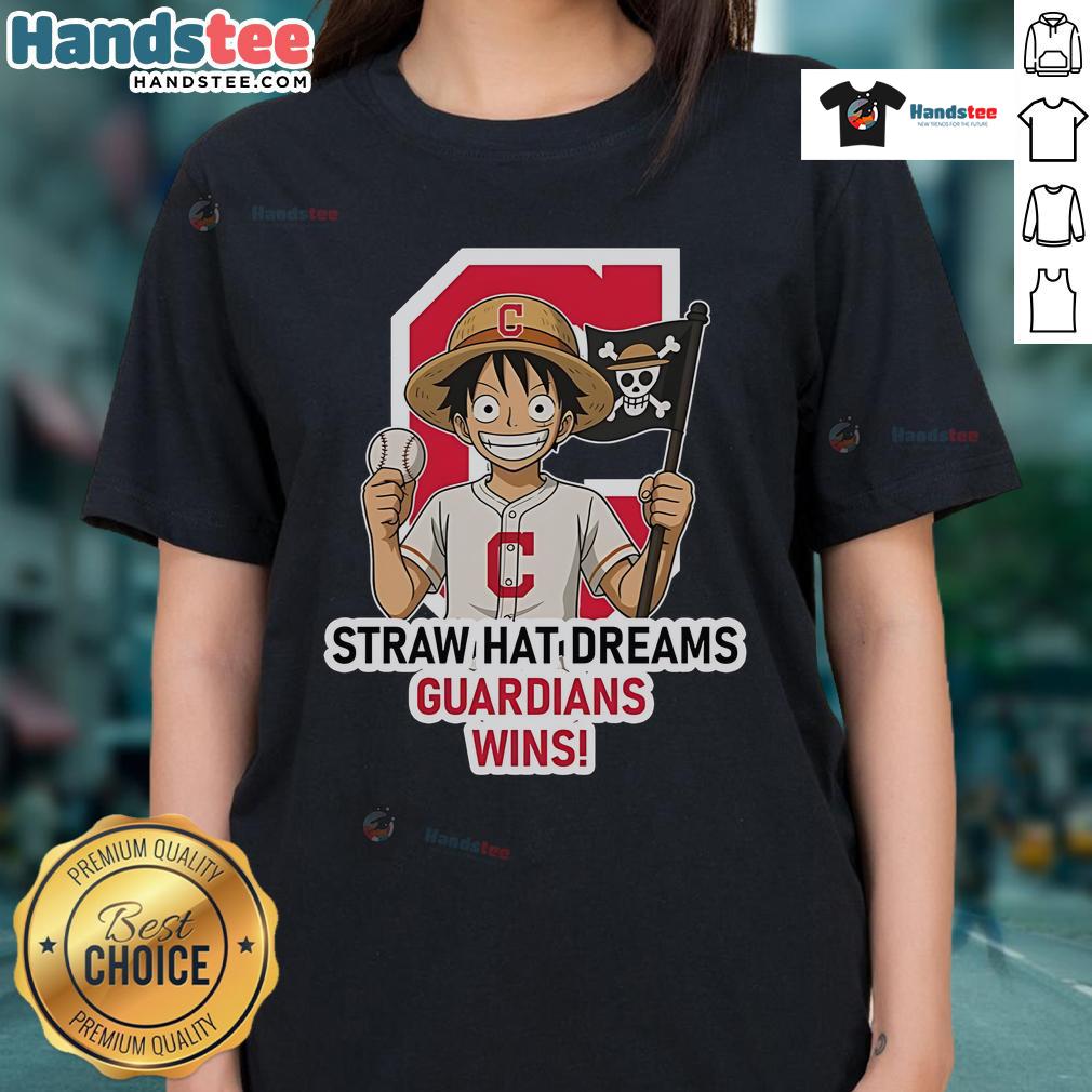 Official Cleveland Guardians Monkey D. Luffy Straw Hat Dreams Wins ladies tee showcasing vibrant design and fan spirit.