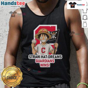 Official Cleveland Guardians Monkey D. Luffy Straw Hat Dreams Wins tank top featuring vibrant graphics and team logo.