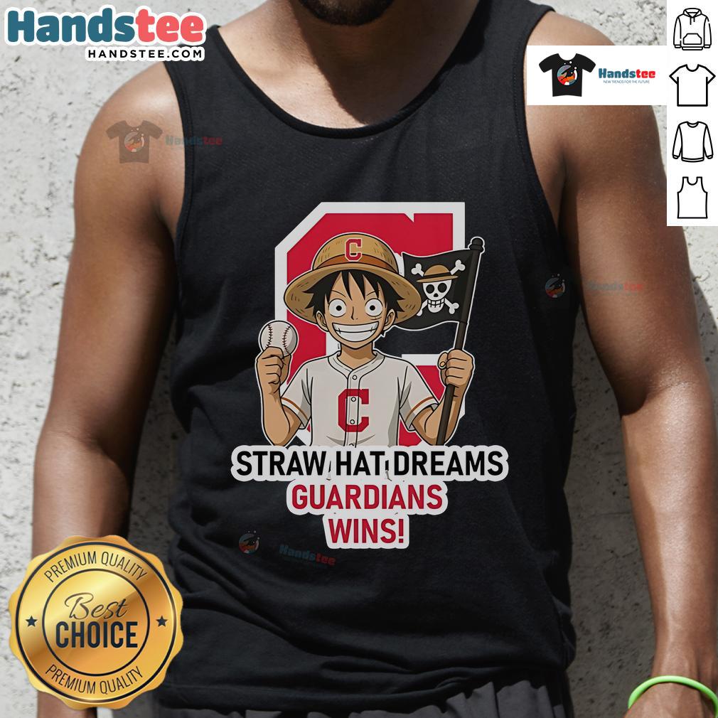 Official Cleveland Guardians Monkey D. Luffy Straw Hat Dreams Wins tank top featuring vibrant graphics and team logo.