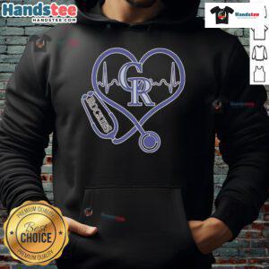 Official Colorado Rockies Caring Hearts hoodie featuring nurse stethoscope and heartbeat design, perfect for healthcare fans.