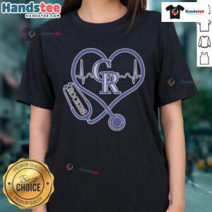Official Colorado Rockies Caring Hearts Nurse Tee with stethoscope and heartbeat design for healthcare fans.