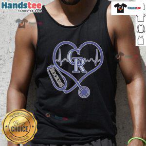 Official Colorado Rockies Caring Hearts nurse tank top featuring a stethoscope and heartbeat design, perfect for fans.