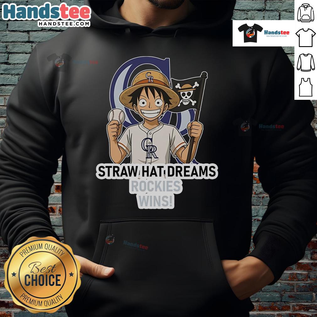 Alt Text: Official Colorado Rockies Monkey D. Luffy Straw Hat Dreams Wins Hoodie featuring a vibrant design and team logo.