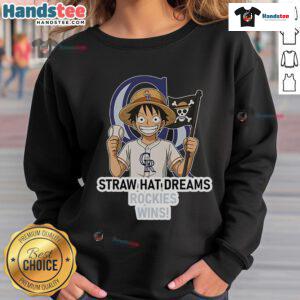 Official Colorado Rockies Monkey D. Luffy Straw Hat Dreams Wins Sweatshirt featuring vibrant anime-inspired design.