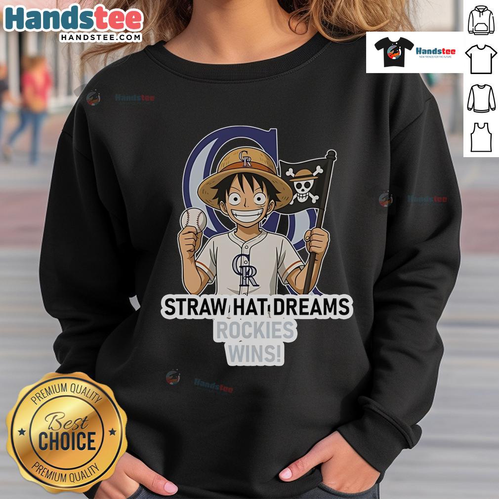 Official Colorado Rockies Monkey D. Luffy Straw Hat Dreams Wins Sweatshirt featuring vibrant anime-inspired design.