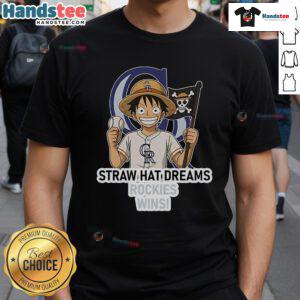 Alt Text: Official Colorado Rockies Monkey D. Luffy Straw Hat Dreams Wins T-Shirt featuring a vibrant design and team logo.